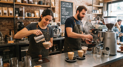 Cafetería de especialidad y baristas preparando pedidos