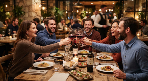 Brindis con copas de vino y comensales en la mesa gastronómica