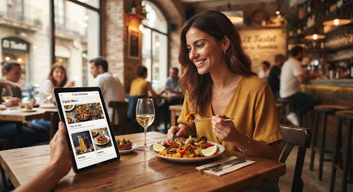 Cliente disfrutando gastronomía en local con menú digital